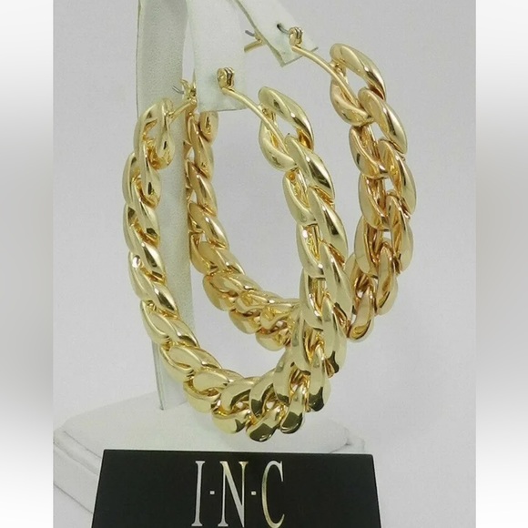 NWT INC International Concepts Hoop Earrings - gold tone Chain style BIG - Picture 4 of 12